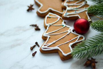 festive gingerbread and spices lie on a light marble background. Top view
