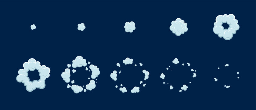 Cartoon smoke explosion game sprite asset, animate effect. Vector cloud blasts animation sequence frame. Explode bomb boom, puff steam or powder shot storyboard movement for comics art