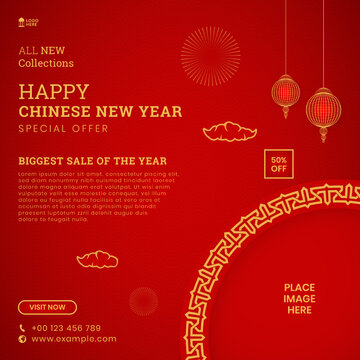 Happy Chinese New Year Sale Banner Social Media Post  Template With Empty Space for Photo	