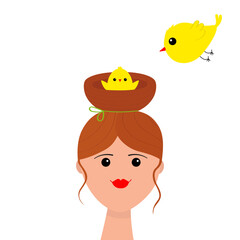 Portrait of woman. Bun hairstyle. Flying bird nest red hair. Young girl face. Beautiful lady, female. Front view. Avatar for social networks. Red lips. Flat design. White background.