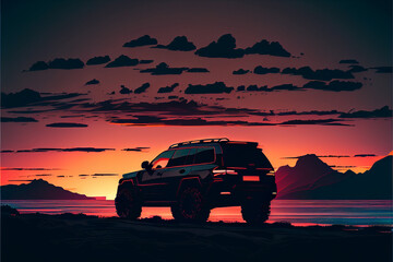 Silhouette of SUV against background of sea. - obrazy, fototapety, plakaty