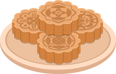 Chinese moon cake with plate, food and dim sum illustration, mid-autumn festival dessert, vector illustration icon cartoon