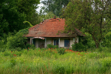 Fototapeta na wymiar Old abandoned house in the countryside with broken roof and windows
