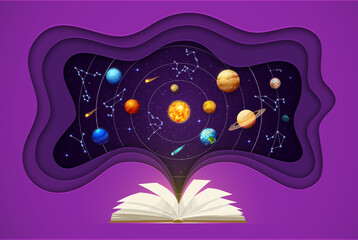 Space paper cut with book, solar system planets and constellations. Vector paper cut art with open textbook, starry galaxt sky and zodiac. Astrology, astronomy science, horoscope predictions © Vector Tradition