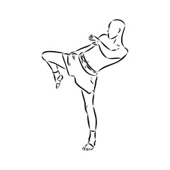 Hand sketch vector of Muay Thai or Thai Boxing. Beautiful martial art that use body parts to fight against each other. Self defense art. High kick but get defended with arm.