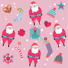 christmas card with snowman and gifts Santa pattern set of santa claus and reindeer cute pattern