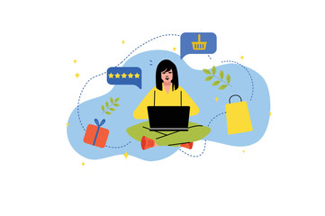 Concept Shopping with people scene in the flat cartoon design. Girl chooses goods on the online store sitting at home and using a laptop. Vector illustration.