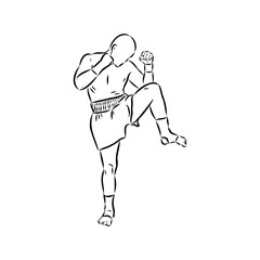 Fototapeta na wymiar Hand sketch vector of Muay Thai or Thai Boxing. Beautiful martial art that use body parts to fight against each other. Self defense art. High kick but get defended with arm.