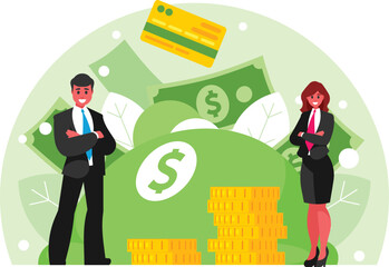 Businesspeople on the background of a money bag with dollar symbol filled with gold coins and banknotes. Vector graphics