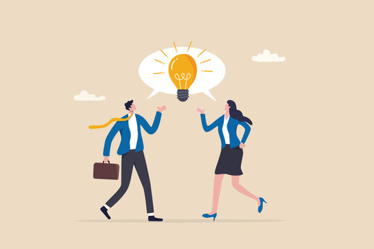 Communicate idea in business discussion, effective communication to brainstorm and come up with solution or result concept, businessman and woman coworker talking speech bubble with lightbulb idea.