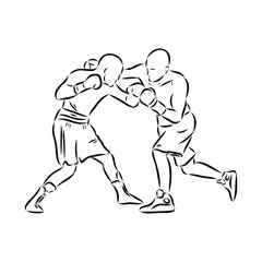 Fototapeta na wymiar Hand sketch vector of Muay Thai or Thai Boxing. Beautiful martial art that use body parts to fight against each other. Self defense art. High kick but get defended with arm.