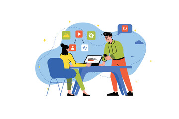 App development concept with people scene in the flat cartoon style. Supervision explains to the programmer what she need to do with application. Vector illustration.