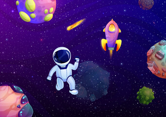 Cartoon astronaut in outer space. Fantastic alien planets backdrop or wallpaper, fantasy galaxy space travel vector background with astronaut character flying in weightlessness, starship and comet