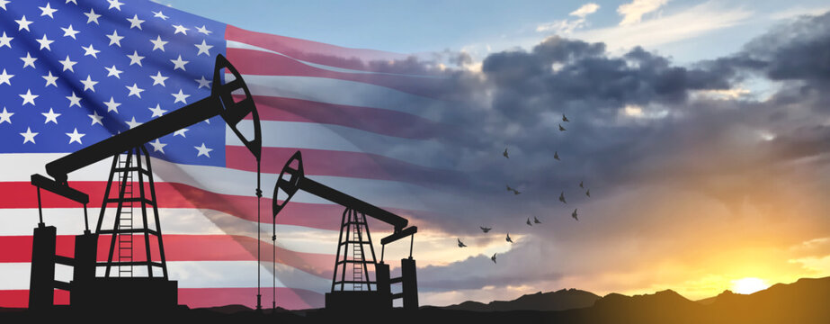 Silhouette of Oil pump. Industrial machine for petroleum on background of sunset. USA Oil Industry concept. EPS10 vector