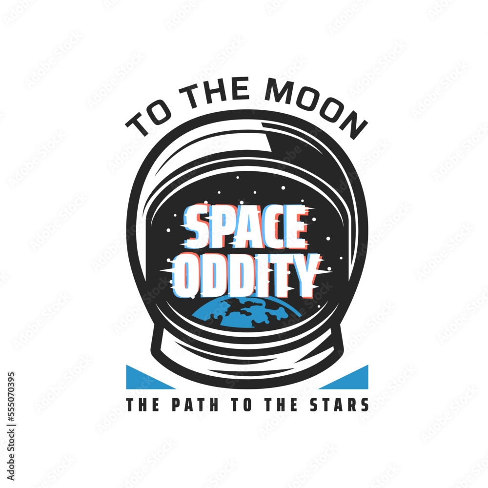 Poster space oddity icon, spaceman spacesuit and galaxy planet, vector spaceflight adventure. mars space mi