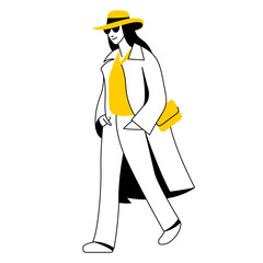 vector flat design linear image stylish woman in autumn or winter warm clothes walking down the street. street style, fashion. isolated on white background. useful for web, graphic design, print