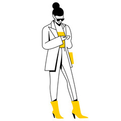 vector flat design trendy linear illustration beautiful stylish woman in jeans, jacket in high heels shoes stands with a smartphone in her hand. street style, fashion. isolated on white background.