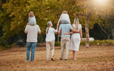 Big family, park and nature walking of mother, grandparent and children with love and care. Happy...