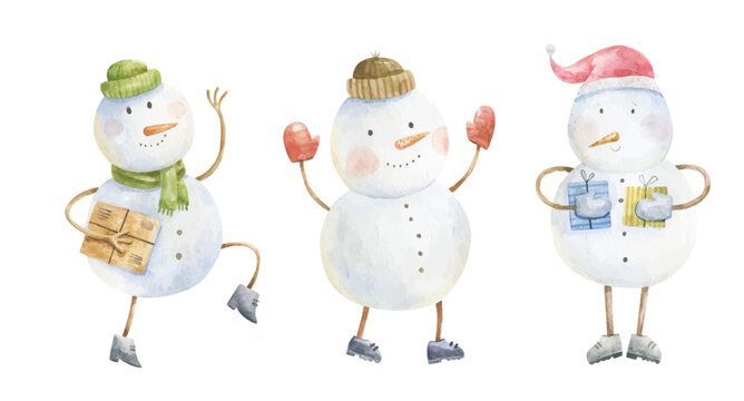 cute snowman, childish hand painted illustration. Christmas art, new year