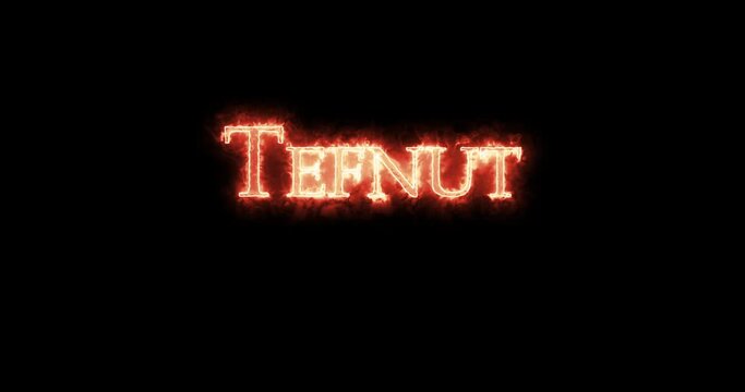 Tefnut, ancient egyptian deity, written with fire. Loop
