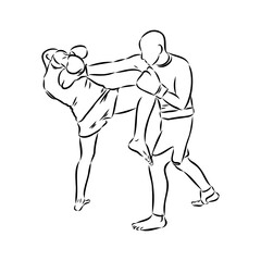 Hand sketch vector of Muay Thai or Thai Boxing. Beautiful martial art that use body parts to fight against each other. Self defense art. High kick but get defended with arm.