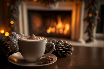 Obraz na płótnie Canvas Delicious fresh festive morning cappuccino coffee in cozy Christmas decorated room
