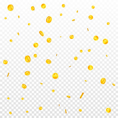 Swiss franc coins falling. Gold scattered CHF