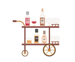 Bar cart with bottles and glasses on white background. Home interior concept. Cartoon flat style. Vector illustration