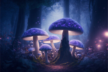 Glowing mushroom lamps with fireflies in magical forest