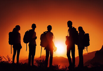 Silhouette of group of tourists in mountains