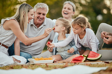 Summer, park and family on picnic with fruit enjoying summer holiday, vacation and weekend...