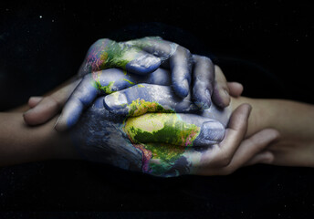 Earth overlay, holding hands and sustainability support of people with global love and empathy. Sustainable, green and hands together for international help, eco friendly trust and ecology helping - obrazy, fototapety, plakaty