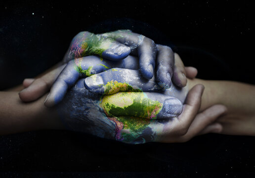 Earth overlay, holding hands and sustainability support of people with global love and empathy. Sustainable, green and hands together for international help, eco friendly trust and ecology helping