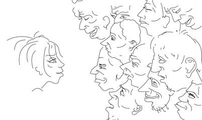Comic face drawing, men in front woman face