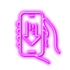 Download app line icon. Hand hold phone sign. Neon light effect outline icon.