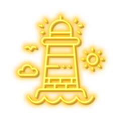 Lighthouse line icon. Beacon tower sign. Searchlight. Neon light effect outline icon.