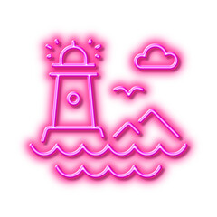 Lighthouse line icon. Beacon tower sign. Searchlight. Neon light effect outline icon.