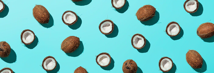 Coconuts half on blue background, banner