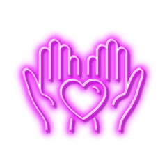 Hold heart line icon. Friends love sign. Friendship hand. Neon light effect outline icon.