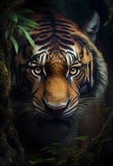 Photorealistic portrait of the tiger hiding in the jungle foliage. Generative art