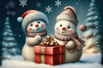 New Year and Christmas card Two cute snowmen. Generative AI