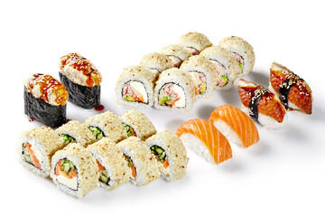 Japanese sushi set for two with salmon, eel, crab meat, tobiko