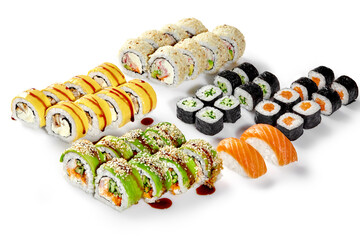 Japanese sushi rolls set with salmon, eel, shrimp, masago roe