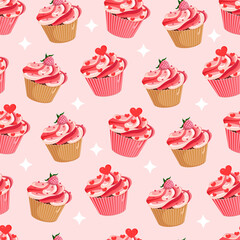 Seamless pattern with cupcakes with raspberries and hearts. Vector texture illustration for postcard, textile, decor, paper, texture, wrapping.