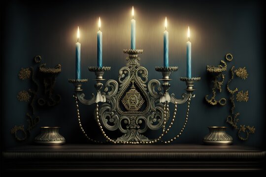 Religion image of jewish holiday Hanukkah background with menorah (traditional candelabra) and candles stock photo Menorah, Backgrounds, Brass, Burning, Candle. Generative AI