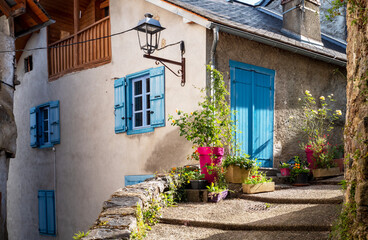 typical street of french village with flowers