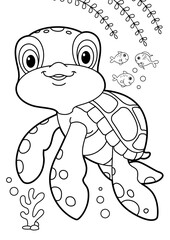 coloring book for kids, animals cartoon, undersea, ocean animals, cartoon, and outline vector illustration for children. Cute cartoon characters, Sea turtle cartoon