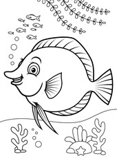 coloring book for kid, animals cartoon, undersea, underwater coloring book, ocean animals, cartoon coloring, Outline vector illustration, Yellow tank fish cartoon coloring book for kid