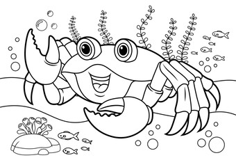 coloring book for kid, animals cartoon, ocean animals for coloring, cartoon coloring, Outline vector, Cute cartoon characters,crab cartoon for coloring book for kid