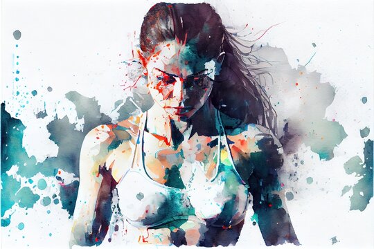 Watercolour portrait of the fitness woman. Generative art